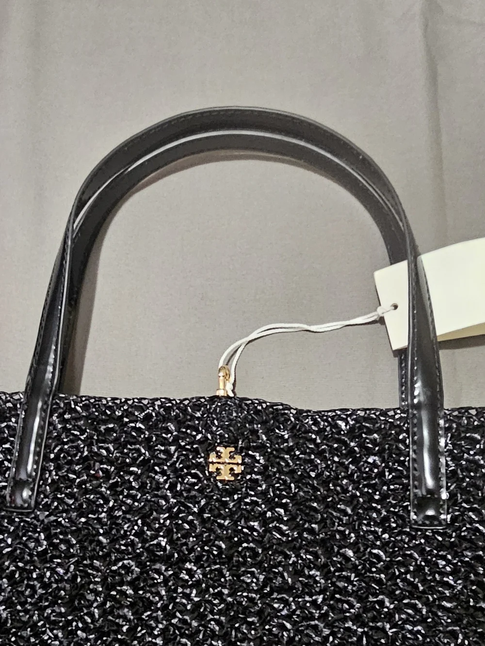 Tory Burch Emerson Raffia Black Tote Bag With Leather Pouch